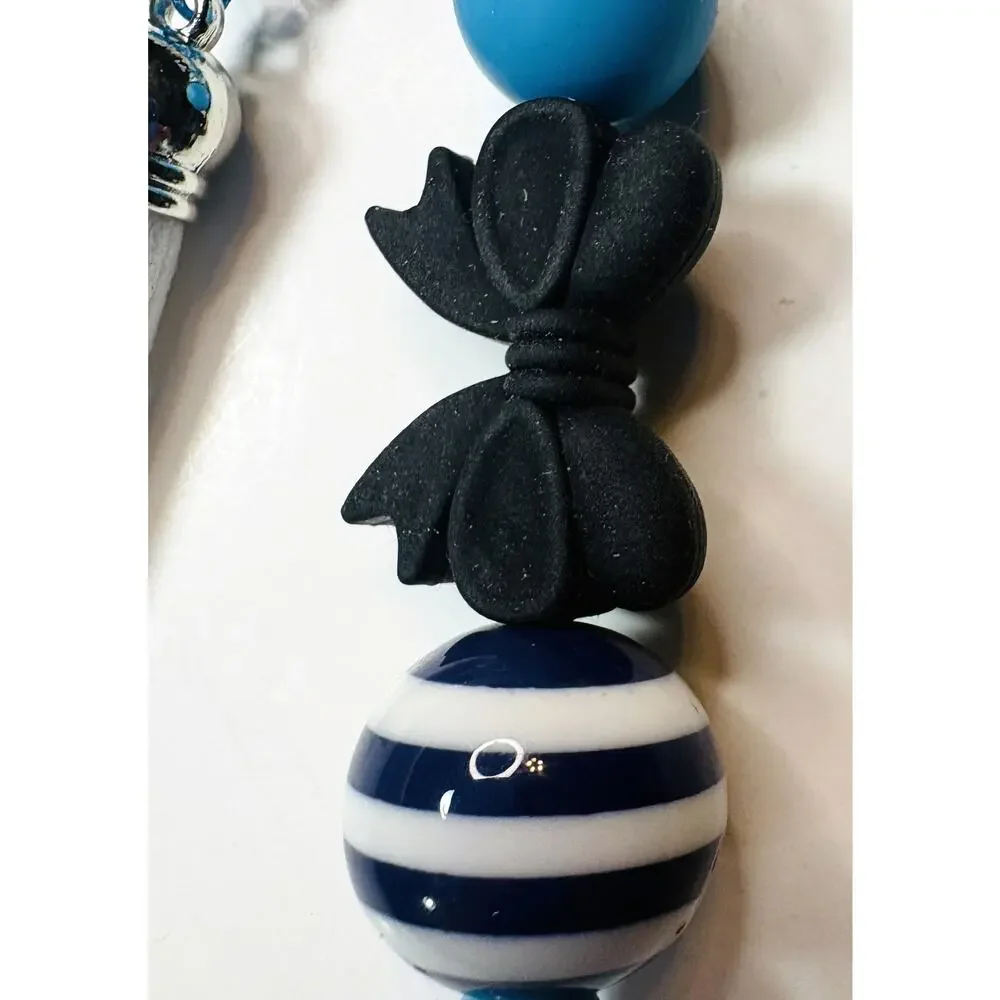 Handmade Beaded Keychain with Black Bow, Blue Silicone Bead & White Tassel – 6